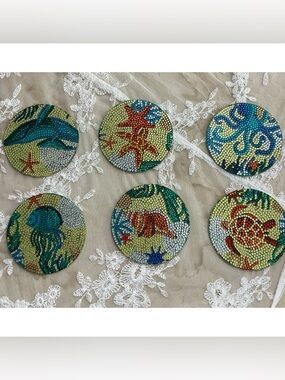 Handmade Seaside Ocean Theme Sparkle Beaded Coasters Set of 6 w Holder
